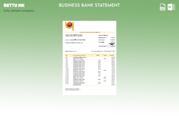 модерен стил Друк PNB банкарска фирма извод на сметка Word и PDF шаблон